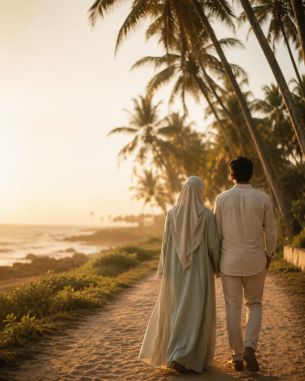A couple walking together along the coast at sunset