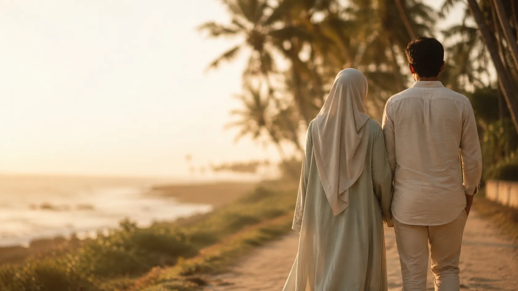 A couple walking together along the coast at sunset